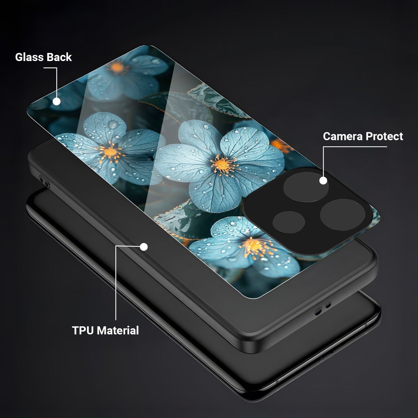 Oppo A5 Pro 5G Premium Acrylic Shockproof Glass Back Case (Blue Blossom)