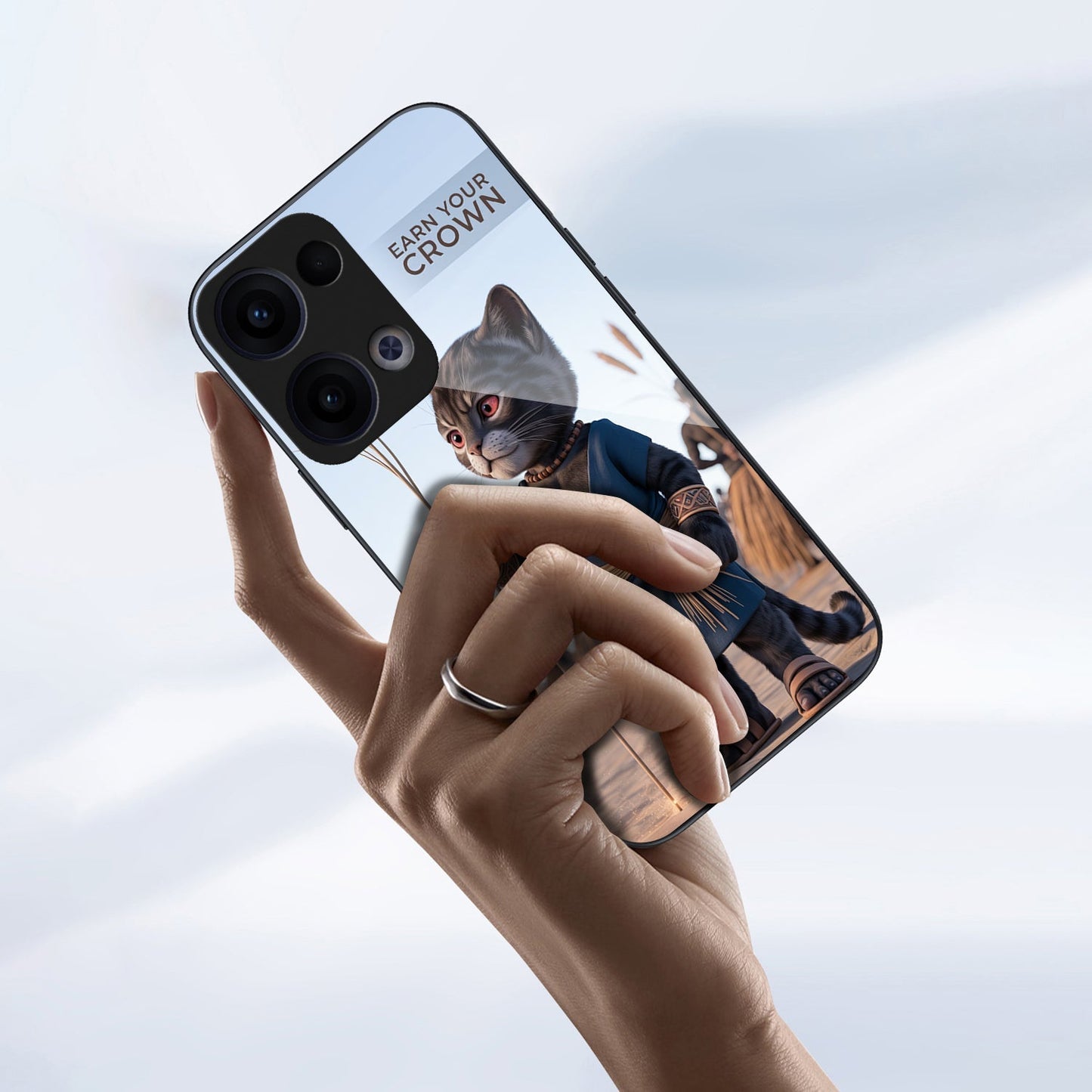 Oppo Reno 13 5G Premium Acrylic Shockproof Glass Back Case (Crown Cat)