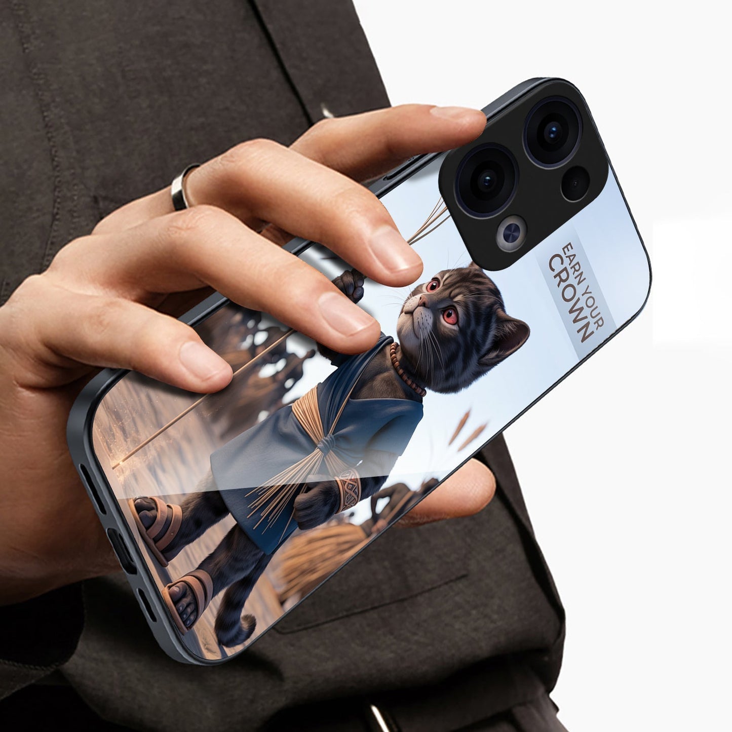 Oppo Reno 13 5G Premium Acrylic Shockproof Glass Back Case (Crown Cat)