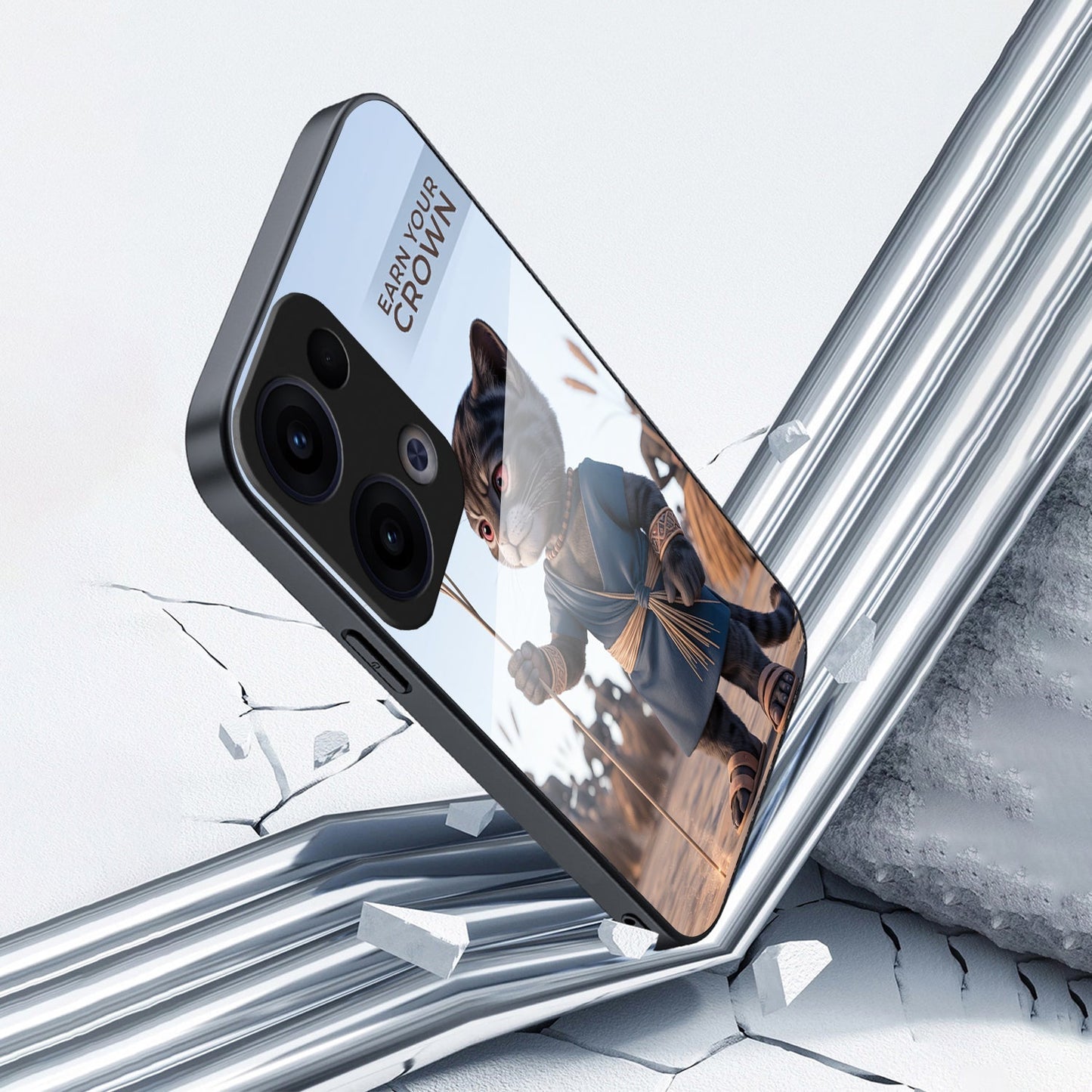 Oppo Reno 13 5G Premium Acrylic Shockproof Glass Back Case (Crown Cat)